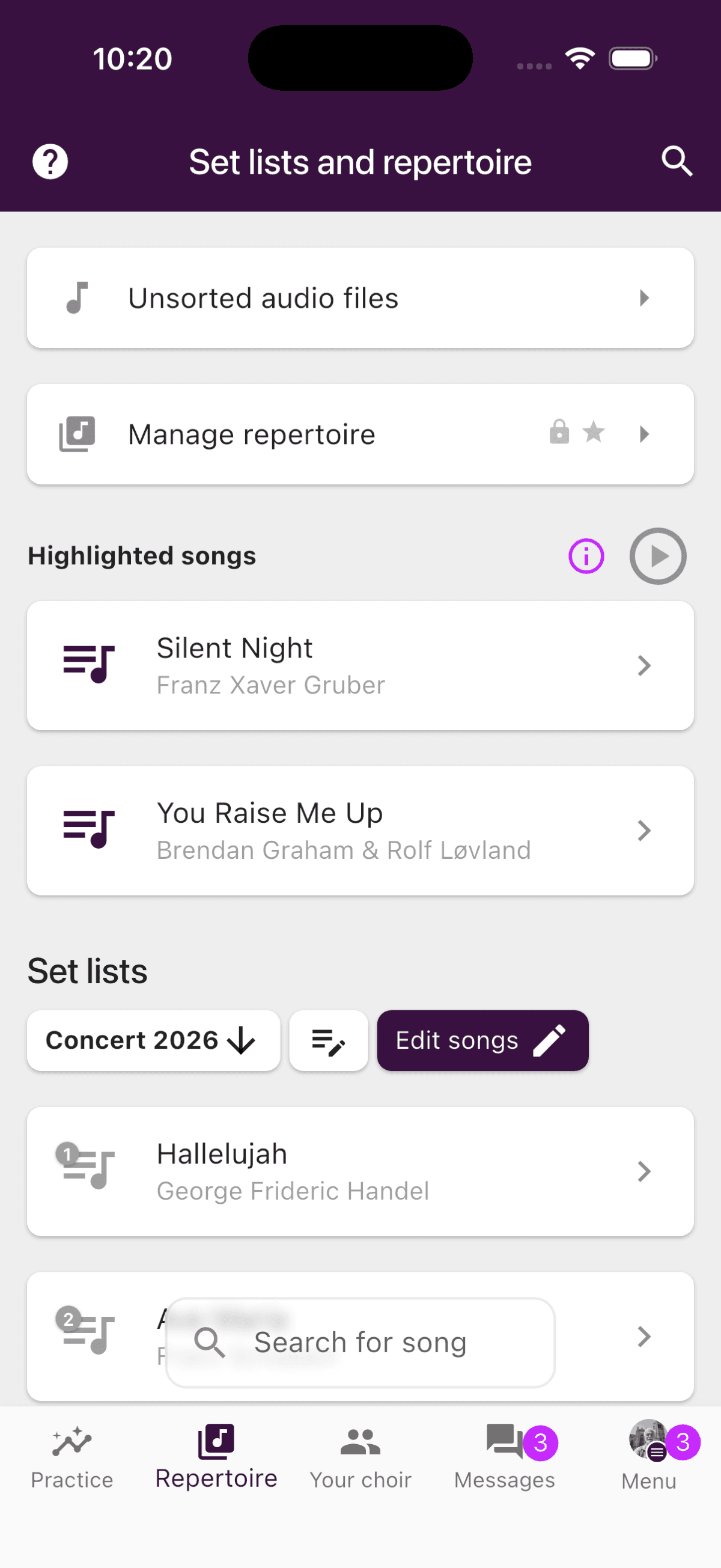 Repertoire tab with set lists