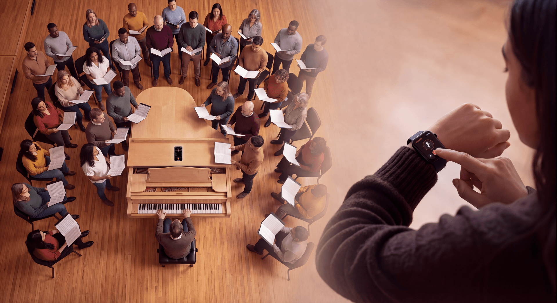 Bird's-eye view of choir rehearsal with phone as microphone, controlled from smartwatch