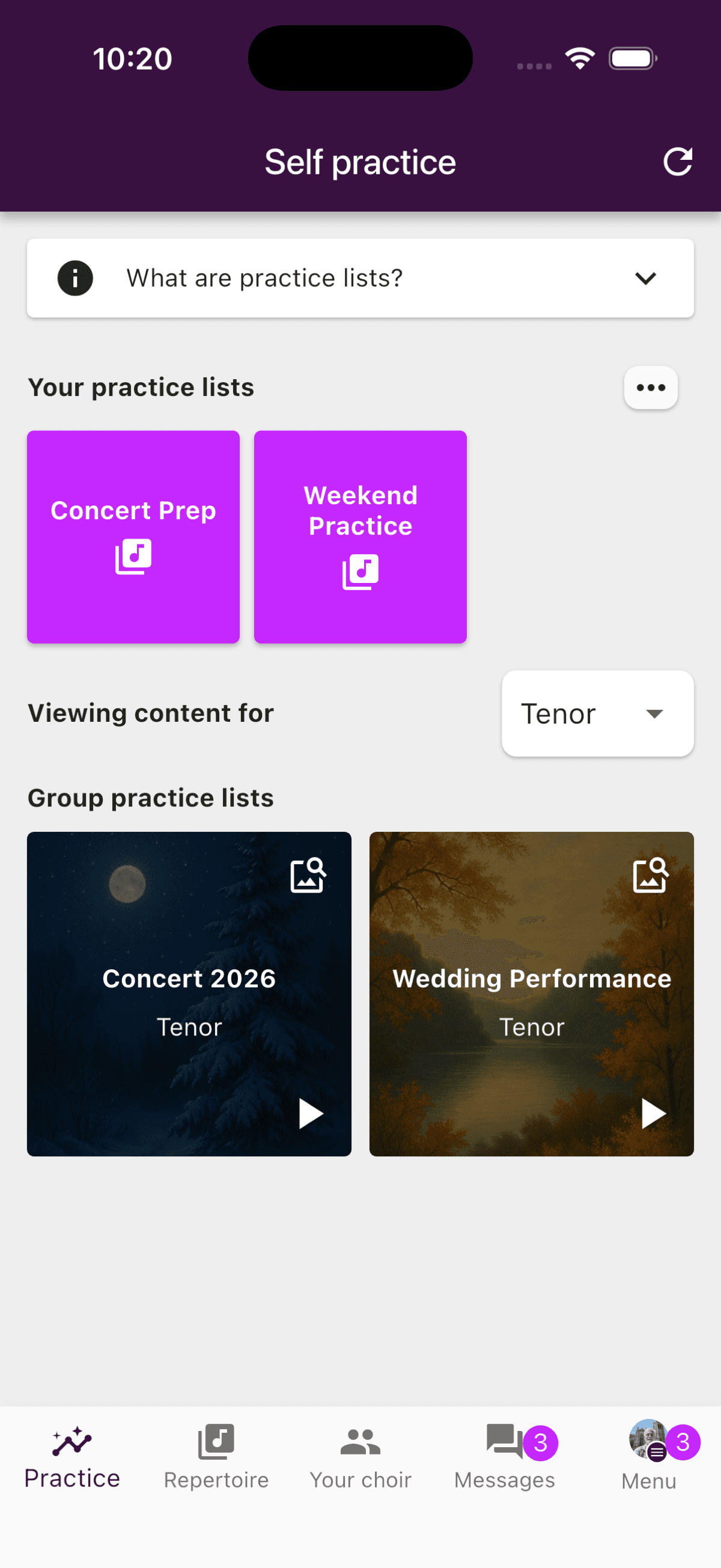 Practice tab with practice list