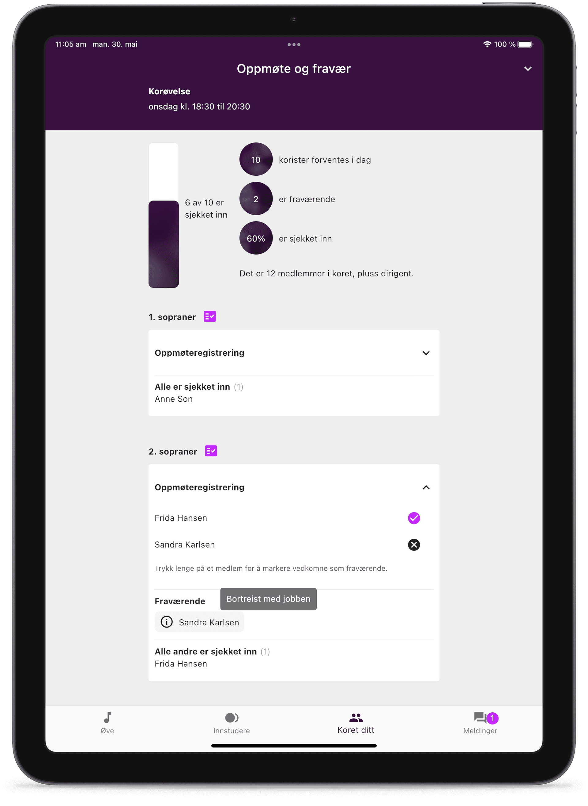 Oppmรธte- og fravรฆrsfunksjonen i ChoirMate